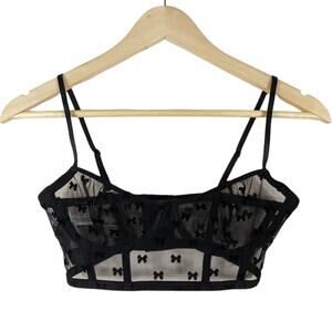 Le Petit Trou Bra Small Black Sheer Longline Boned Bow Print Lingerie Bralette